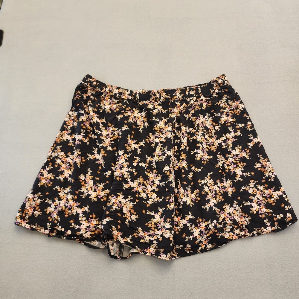 Womens XL Black Floral Skirt Boho Cottagecore Elastic Waist Flowy Rayon